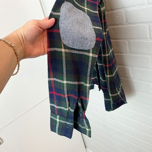 Vintage Y2K Button down Shirt Plaid Flanelle Studds Elbow patches Amnesia Navy S - Picture 6 of 16